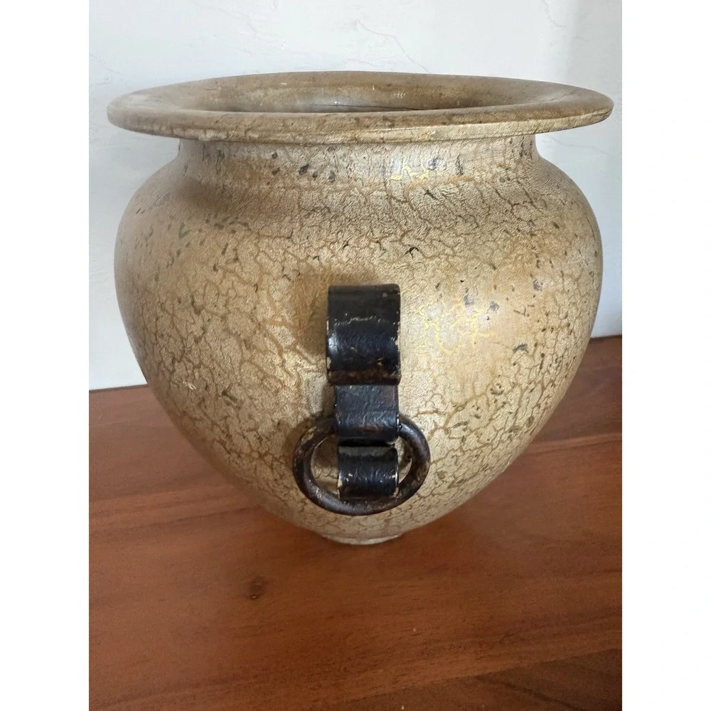 VTG Mid‎ Century Fine Crackle Glaze Vase in Metallic Gold Black Decor Handles